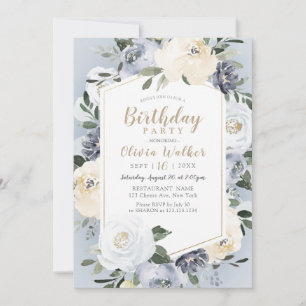 Invitation Fête d'anniversaire botanique bleu poussiéreux