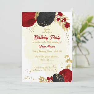 Invitation fête d'anniversaire botanique en or de fleurs roug