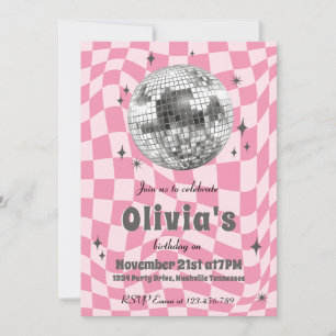Invitation Fête d'anniversaire boule disco Coquette Rétro Ros
