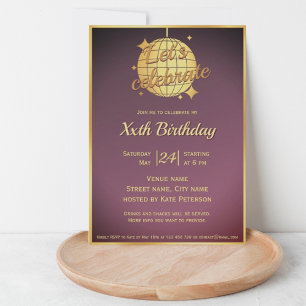 Invitation Fête d'anniversaire boule disco or lilas poussiére