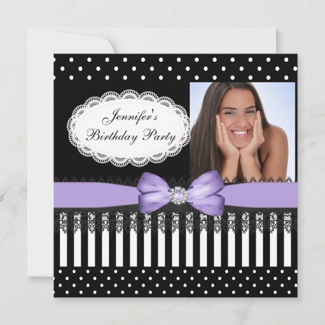 Invitation Fête d'anniversaire Bow Black Lilac Pois blancs (Devant)