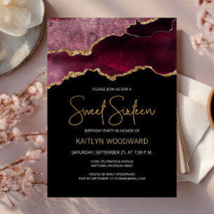 Invitation Fête d'anniversaire Burgundy Gold Agate Dark Sweet