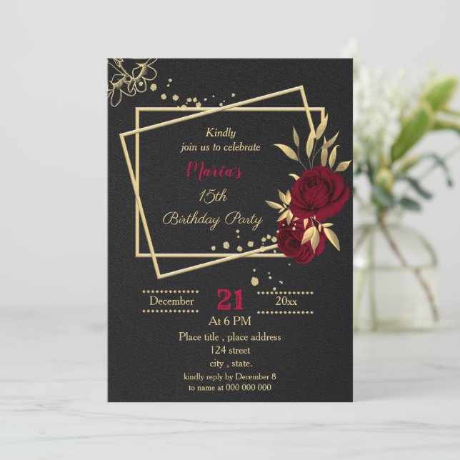 Invitation fête d'anniversaire burgundy or floral noir (Debout devant)