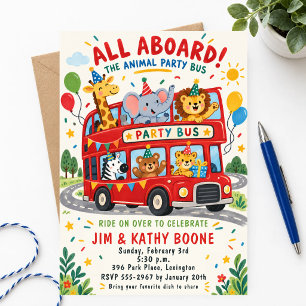 Invitation Fête d'anniversaire Bus Animaux Aquarelle Zoo Mign