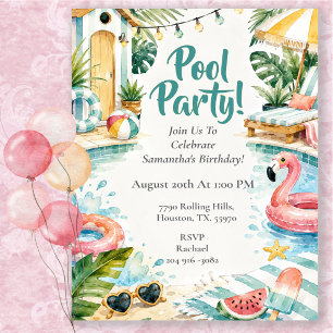 Invitation Fête d'anniversaire cabane de piscine aquarelle