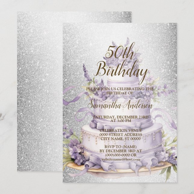 Invitation Fête d'anniversaire Cake Lavender Floral Aquarelle (Devant / Derrière)