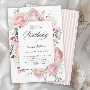 Invitation Fête d'anniversaire calligraphie Roses roses fémin