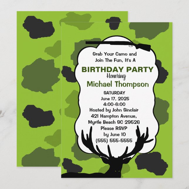 Invitation Fête d'anniversaire Camouflage Chasseur de Cerfs (Devant / Derrière)