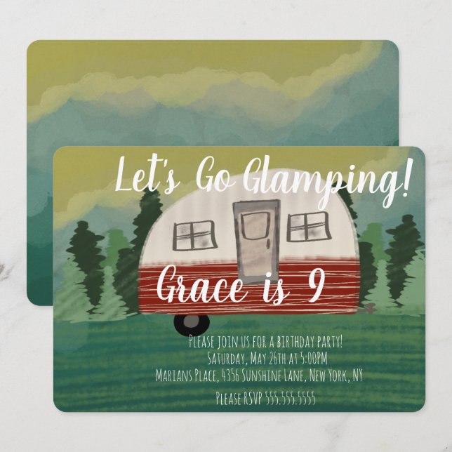 Invitation Fête d'anniversaire Camper Art Vintage (Devant / Derrière)