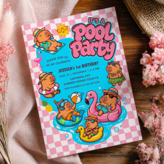 Invitation Fête d'anniversaire Capybara Pool Party à carreaux