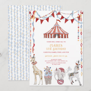 Invitation Fête d'anniversaire Carnaval du Cirque Animaux de