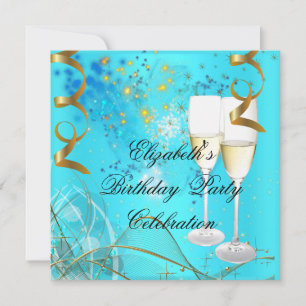 Invitation Fête d'anniversaire Champagne Bleu sarcelle Or