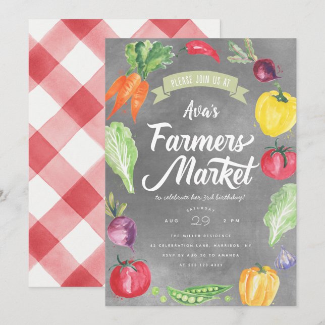 Invitation Fête d'anniversaire champêtre aquarelle au marché  (Devant / Derrière)
