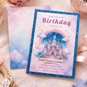 Invitation Fête d'anniversaire Château Arc-en-ciel Pastel pou