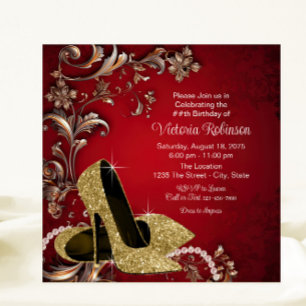 Invitation Fête d'anniversaire chaussure rouge or femme