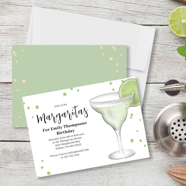 Invitation Fête d'anniversaire Chic Adulte Margarita Cool Boi (birthday party invitation with a fun watercolor margarita with a lime.)