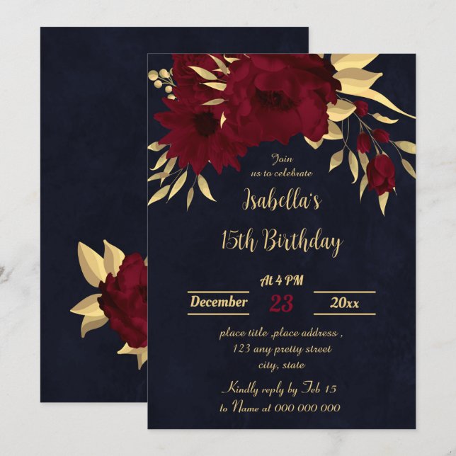 Invitation Fête d'anniversaire chic bordeaux et or marine (Devant / Derrière)