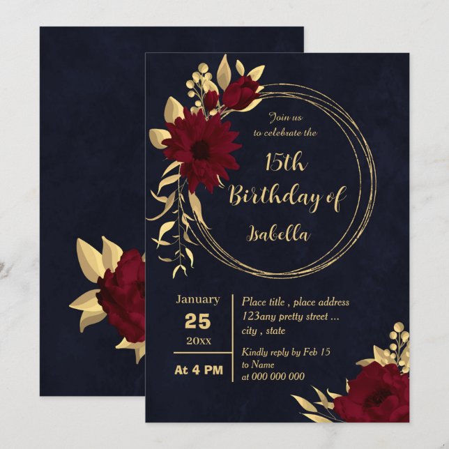 Invitation Fête d'anniversaire chic bordeaux et or marine (Devant / Derrière)