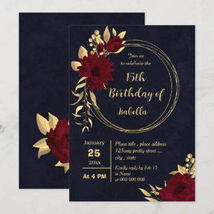 Invitation Fête d'anniversaire chic bordeaux et or marine