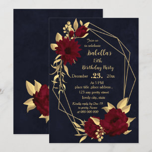 Invitation Fête d'anniversaire chic bordeaux et or marine