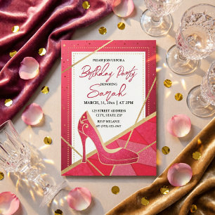 Invitation fête d'anniversaire chic glamour rose paillettes o