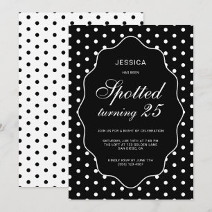 Invitation Fête d'anniversaire chic noire à pois tachetés 25 