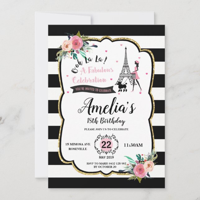 Invitation Fête d'anniversaire Chic Paris Girl and Poodle (Devant)