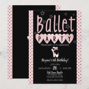 Invitation Fête d'anniversaire chic Pink & Black Ballet Balle