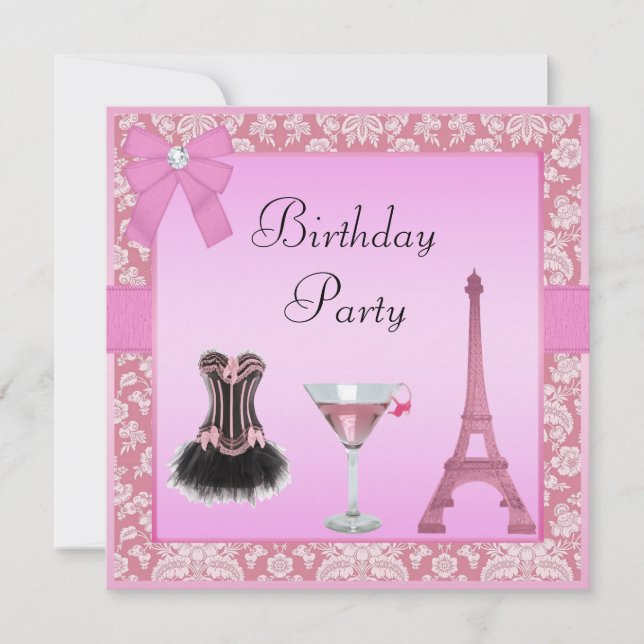 Invitation Fête d'anniversaire Chic Pink Paris Damask Corset (Devant)