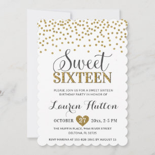 Invitation Fête d'anniversaire chic Sweet Sixteen blanc et or