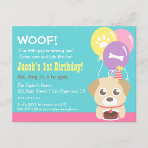Invitation Fête d'anniversaire Chien chiot mignon et ballons