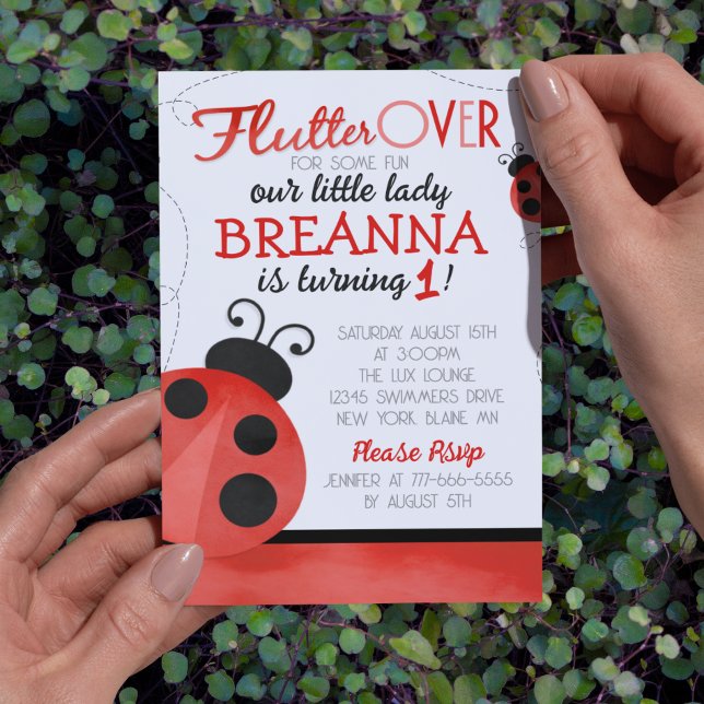 Invitation Fête d'anniversaire coccinelle à l'aquarelle (Sweet Ladybug No Photo Double Sided Birthday Invitation. Available Printed or Digital Download)