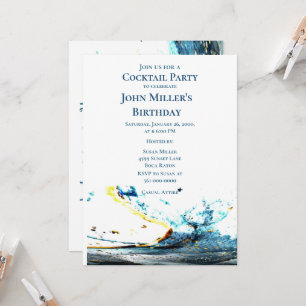 Invitation Fête d'anniversaire Cocktail Vague Bleue Abstraite