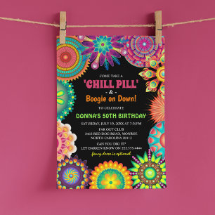 Invitation Fête d'anniversaire colorée Flower Power 70's