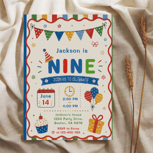 Invitation Fête d'anniversaire colorée NINE 9 ans