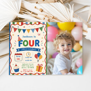 Invitation Fête d'anniversaire colorée QUATRE 4 ans