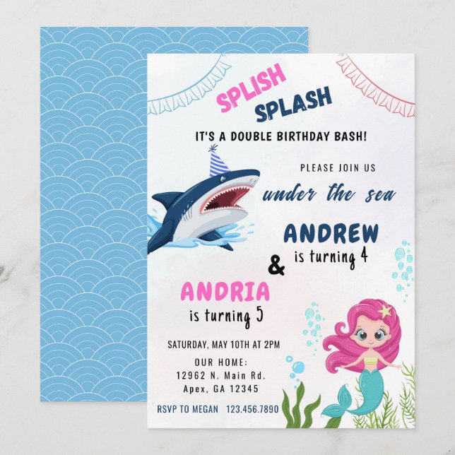 Invitation Fête d'anniversaire conjointe de frère et soeur Si (Devant / Derrière)