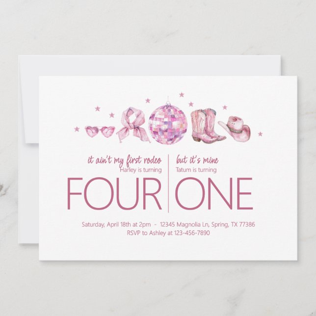 Invitation Fête d'anniversaire conjointe - Thème de cowgirl d (Devant)