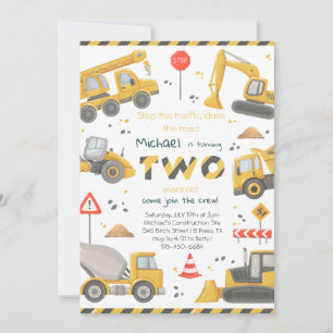 Invitation Fête d'anniversaire Construction aquarelle 2 ans 