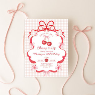 Invitation Fête d'anniversaire Coquette Gingham Cerise 1 an