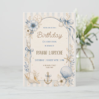 Invitation Fête d'anniversaire Coquillages Bleus Côtiers