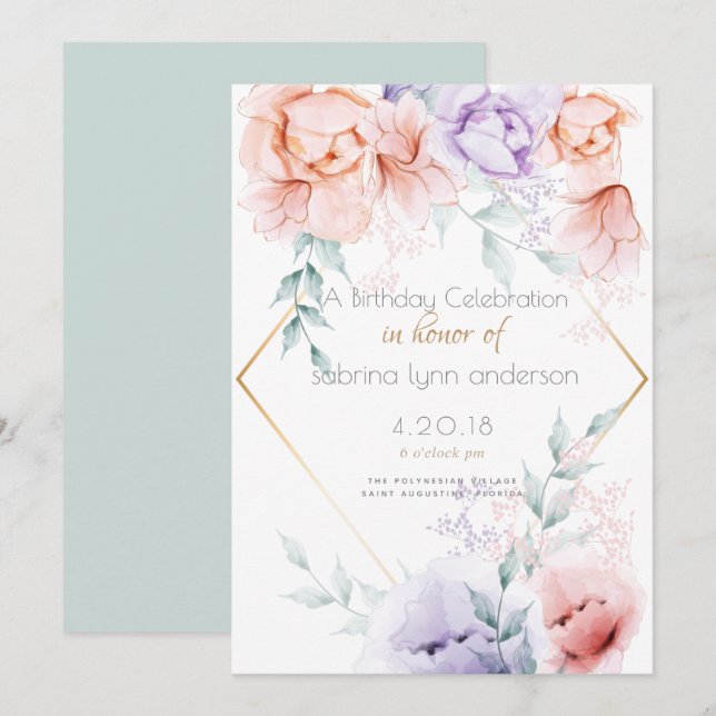 Invitation Fête d'anniversaire | Corail et Lilac Aquarelle Fl (Devant / Derrière)