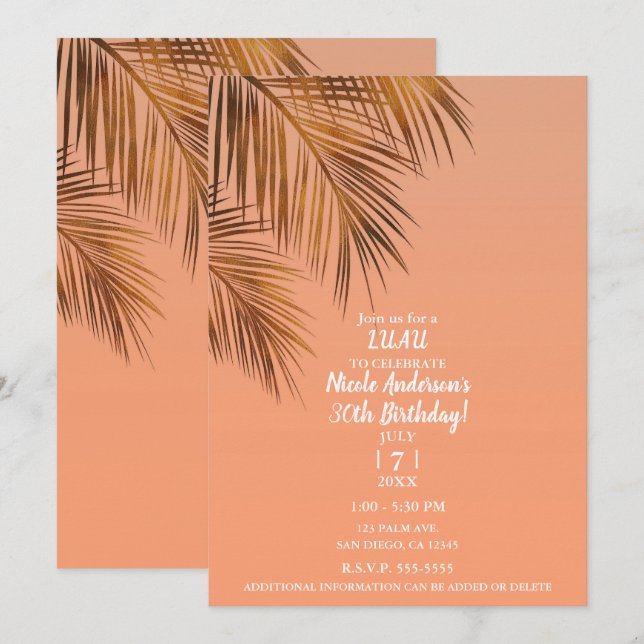 Invitation Fête d'anniversaire Corail Palme Bronze Brise des  (Devant / Derrière)