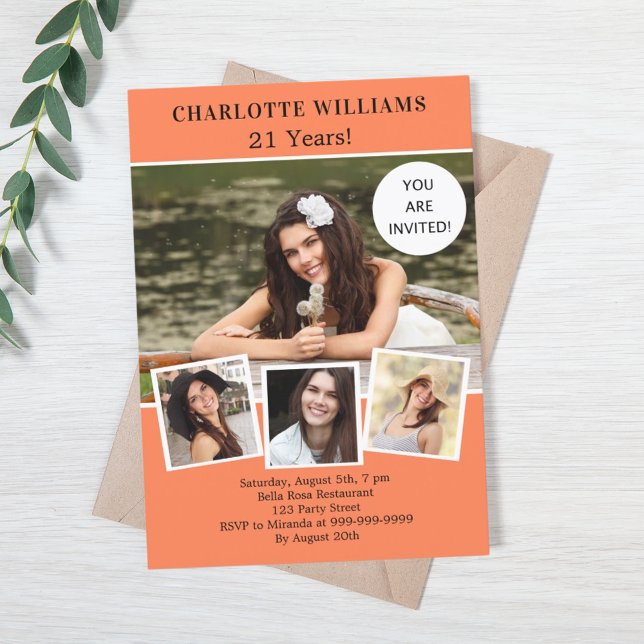 Invitation Fête d'anniversaire corail photo collage luxe (Créateur téléchargé)