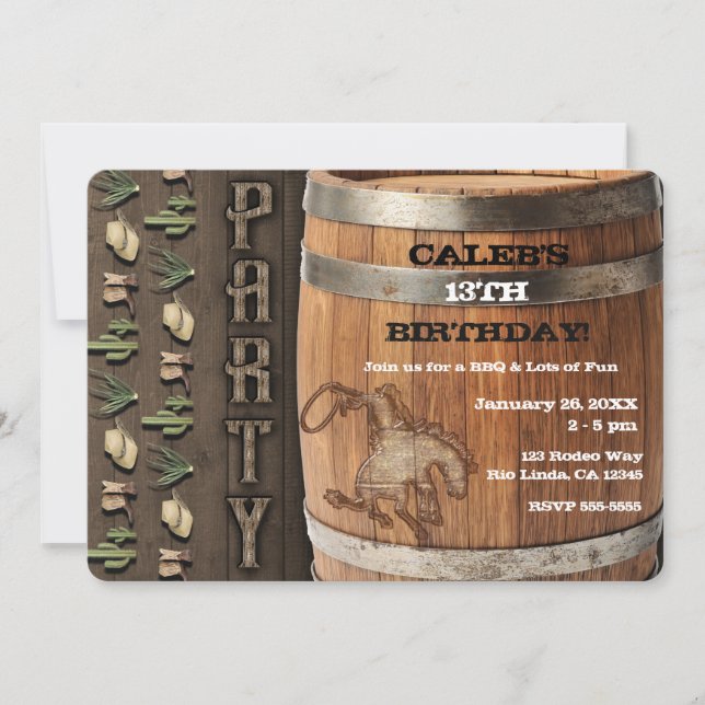 Invitation Fête d'anniversaire Cowboy Western Rodeo Tonneau e (Devant)