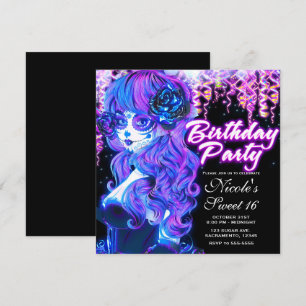 Invitation Fête d'anniversaire crâne en sucre lumineux Jour d