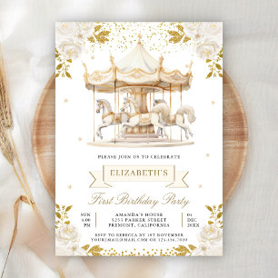 Invitation Fête d'anniversaire Cream Gold Floral Carousel