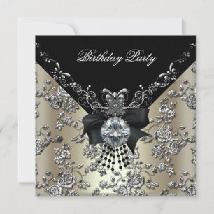 Invitation Fête d'anniversaire Crème Noir Argent Damassé Flor