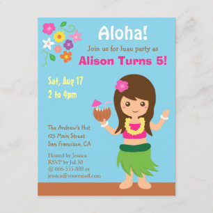 Invitation Fête d'anniversaire Cute Hawaii Hula Girl Luau