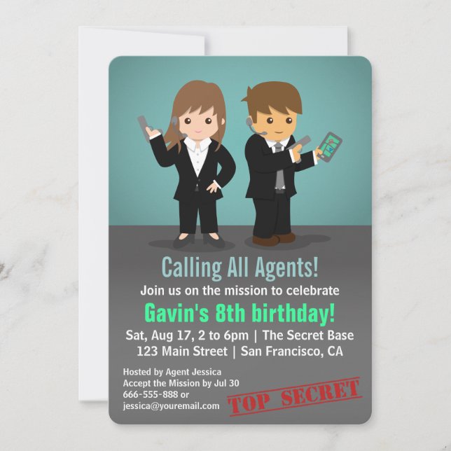 Invitation Fête d'anniversaire d'agent secret pour enfants (Devant)